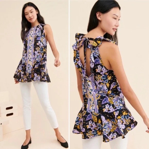 Free People Summer In Tulum Boho Linen Tunic Top Mini Dress Black Purple Medium - Picture 8 of 13